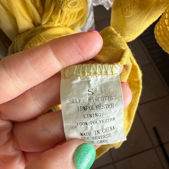 Wishlist Boutique Mustard Yellow Boho Plunge Neck Lace Overlay Romper Maxi Dress - Picture 5 of 6